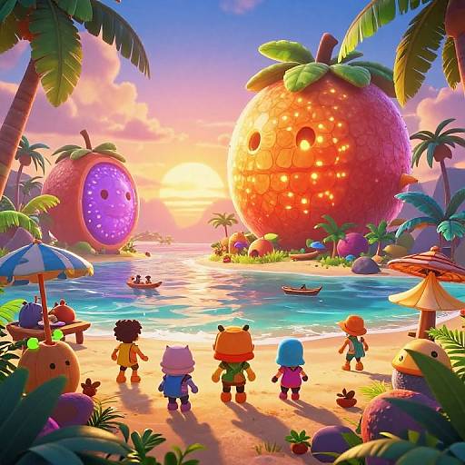 Vibrant digital art of colorful cartoon children in animal hats walking on a tropical beach with giant fruit and palm trees at sunset.