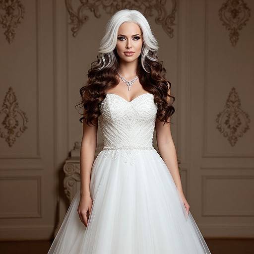 Photograph of a fair-skinned woman with long, wavy, white and dark brown hair, wearing a white, strapless, lace bodice