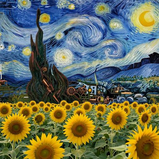 Impressionistic Sunflower Field with Machinery