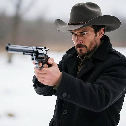 Intense Cowboy Aiming in Winter Landscape