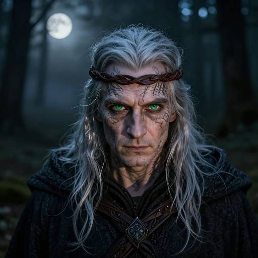 Photograph of a grim, white-haired man with green eyes, wearing a crown of twigs, dark robes, and facial tattoos, set against a