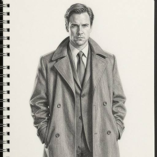 Black-and-white photograph of a serious, handsome man with short hair, wearing a double-breasted wool coat, white shirt, and tie, hands in