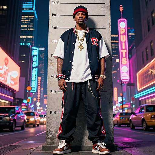 Photograph of a Black man in a neon-lit urban street, wearing a red cap, black and white varsity jacket, white T-shirt,