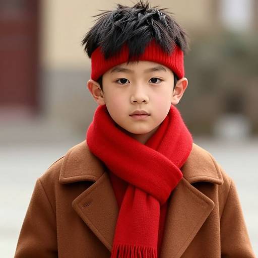 Asian Boy in Red Headband and Scarf