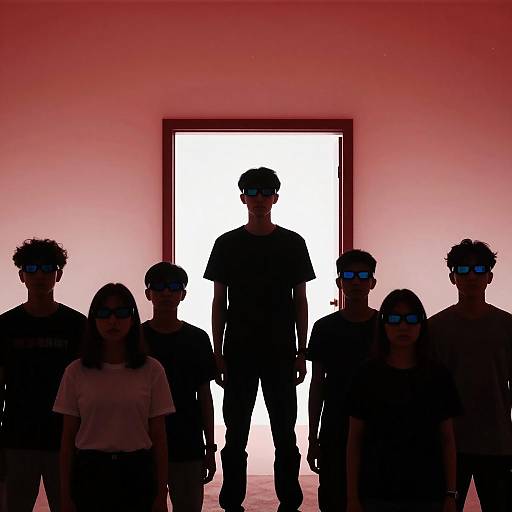 Silhouette Group Wearing 3D Glasses by Doorway
