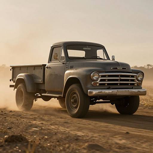 Photograph of a vintage, weathered, dark gray pickup truck driving through a dusty, sunlit desert road, kicking up clouds of dust behind it