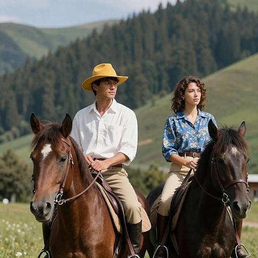 Couple Riding Horses Through Mountain Forest