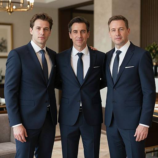 Photograph of three handsome, white men with dark hair, wearing black suits, white shirts, and black ties, standing closely together indoors.