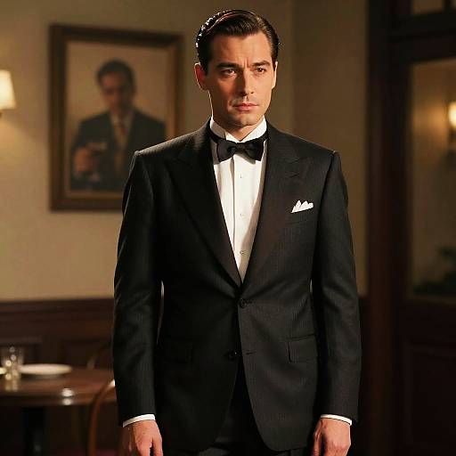 Photograph of a handsome man in a black tuxedo with white shirt and bow tie, standing in a dimly lit room, portrait of another