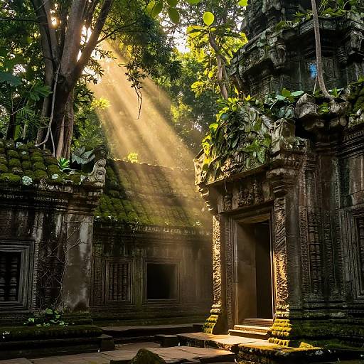 Photograph of ancient, moss-covered stone temple bathed in golden sunlight streaming through lush, green trees, highlighting intricate carvings and weathered textures