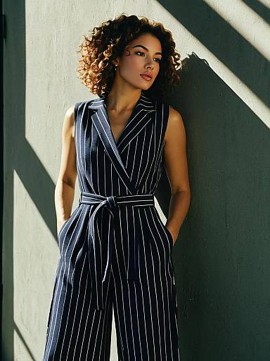 Elegant Navy Striped Jumpsuit Fashion Shoot