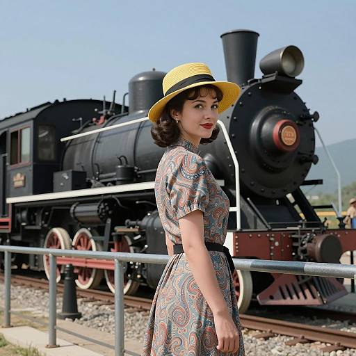 Vintage Woman with Steam Locomotive