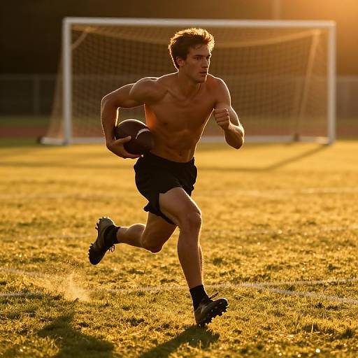 Dynamic Football Player Sprinting at Sunset