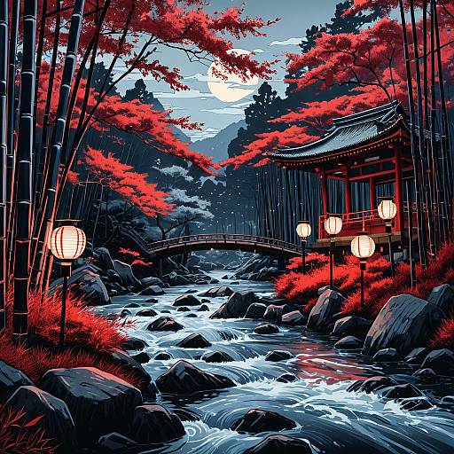 Serene Japanese Bamboo Forest with Lanterns and Flowing Stream