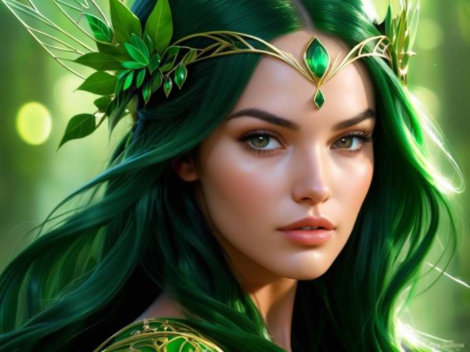 Enchanting Green-Haired Fantasy Woman with Leaf Crown