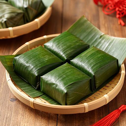 Photograph of four dark green, neatly rolled banana leaves in a round bamboo plate, on a wooden table with red tassel in background.