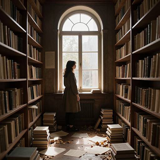 Photograph of a woman with long dark hair in a brown coat, standing in a dimly lit, cluttered library with tall bookshelves and
