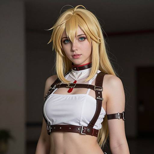 Photorealistic digital artwork of a blonde woman with blue eyes, wearing a white crop top, brown leather harness, and red choker. Background is
