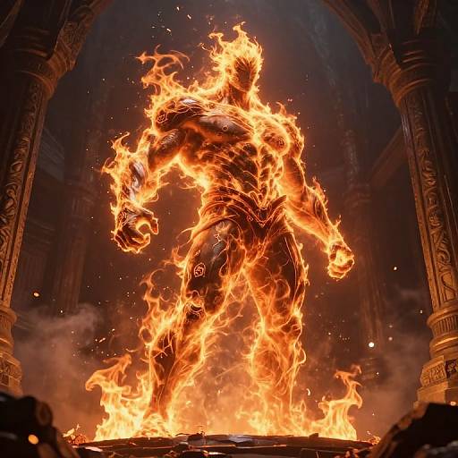 Photograph of a muscular, flaming humanoid figure standing in a circular, ornate stone frame, engulfed in bright orange flames, surrounded by dark shadows