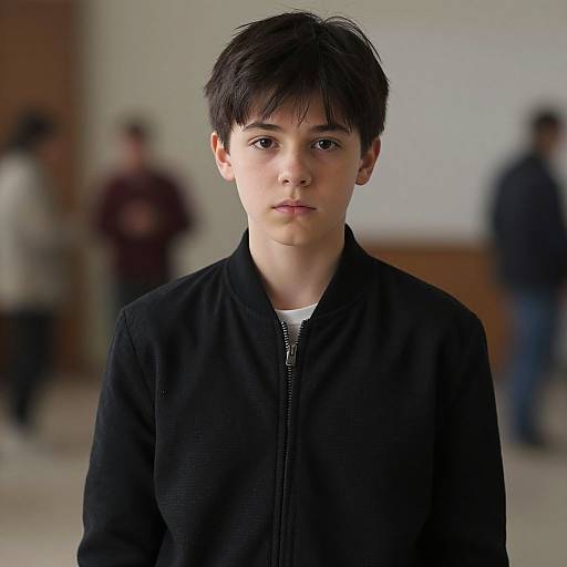 Photograph of a young Asian boy with short black hair, wearing a black zip-up jacket, standing in a blurred indoor setting with people in the background