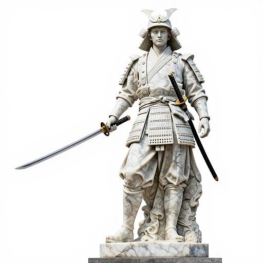 Photograph of a detailed marble statue of a samurai warrior in traditional armor, holding a sword, standing confidently against a white background.