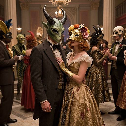 Photograph of a masquerade ball featuring a man in a green horned mask and black tuxedo, holding hands with a woman in a