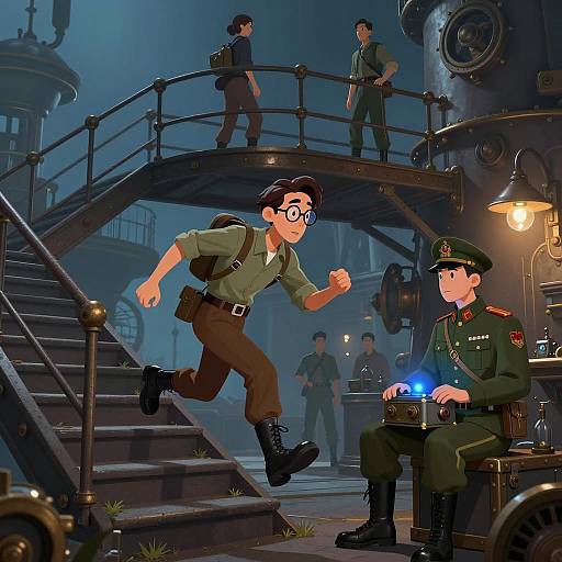 Dynamic Steampunk Adventure Scene Illustration