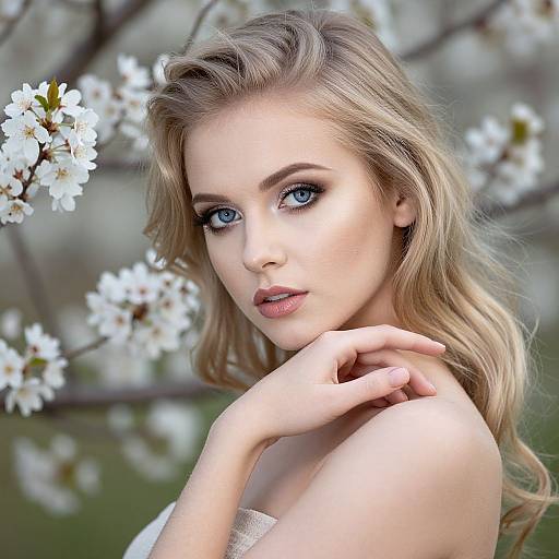 Photograph of a blonde woman with blue eyes, soft makeup, and wavy hair, gently touching her neck, surrounded by white cherry blossoms.