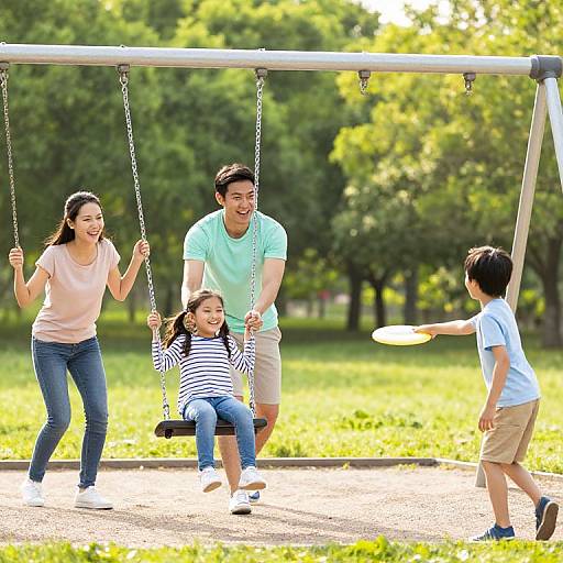 Photograph of a joyful Asian family at a playground: mother, father, daughter on swing, son throwing frisbee, green park background.