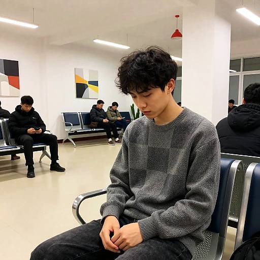 Man in Checkered Sweater in Waiting Room