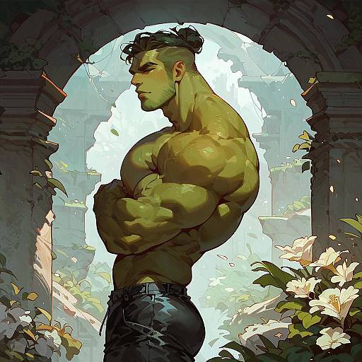 Muscular Green-Hued Man in Ancient Ruins