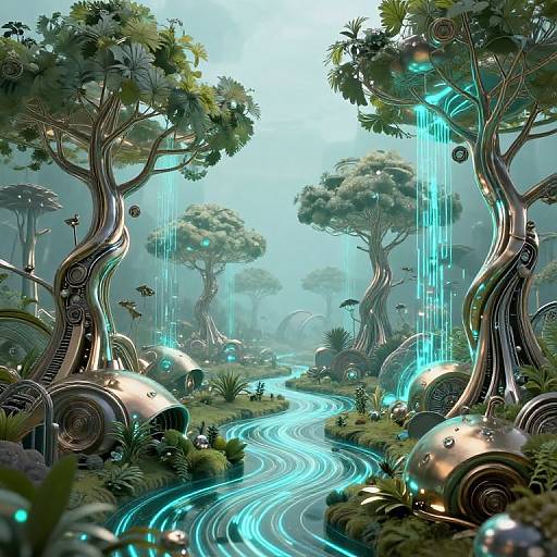 Digital fantasy artwork of a glowing, winding river through a futuristic forest with metallic, twisted trees and neon blue waterfalls.