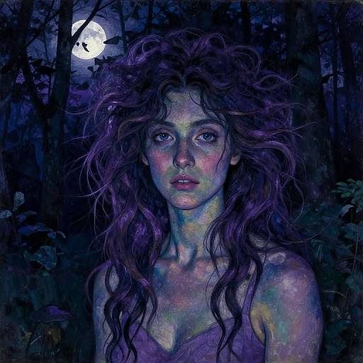 Digital painting of a mystical woman with wild, purple-tinted hair, glowing blue skin, and intense eyes, standing in a dark, moonlit