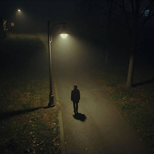 Photograph of a solitary figure in dark clothing standing on a foggy, dimly lit, deserted road at night, with a single streetlamp casting
