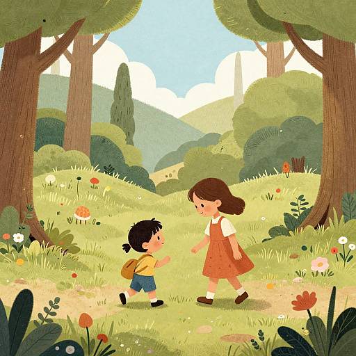 Digital illustration of a brown-haired girl in a red dress and a black-haired boy in a yellow shirt walking in a sunny, flower-filled forest with tall