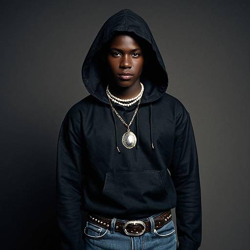 Young Man in Black Hoodie with Necklace
