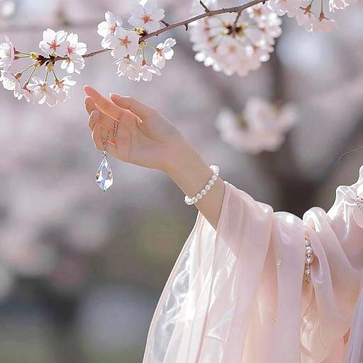 Photograph of a delicate hand with pearl bracelet, wearing a sheer, white, flowing sleeve, gently holding a crystal teardrop. Cherry blossoms
