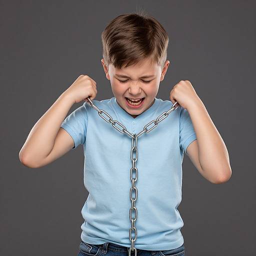 Photograph of a young boy with short brown hair, wearing a light blue shirt, gripping a metal chain with both hands, scowling intensely against