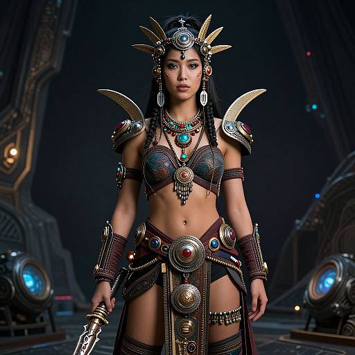 Digital fantasy artwork of a dark-skinned, brown-haired woman in ornate, metallic armor and jewelry, standing in a futuristic, dimly-lit