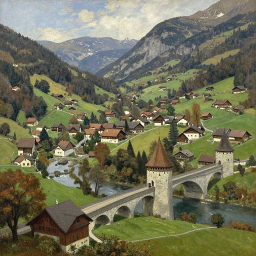 Aerial photograph of a picturesque Alpine village with stone towers, red-roofed houses, and a stone bridge over a river, surrounded by green hills