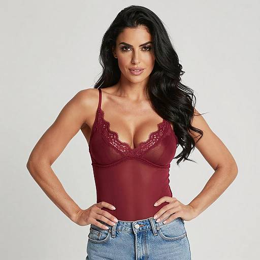 Confident Woman in Red Lace Tank Top