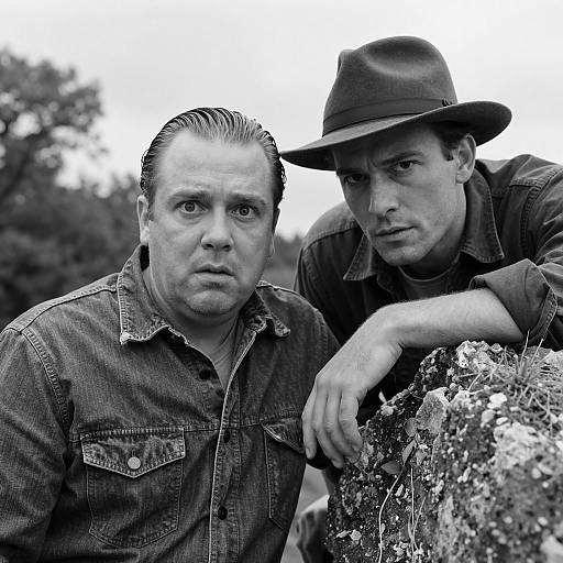 Black-and-White Portrait of Two Men Outdoors