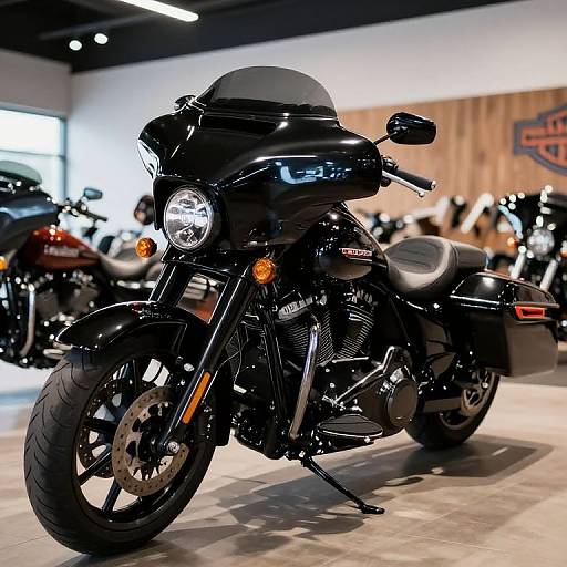 Photograph of a shiny black Honda motorcycle with a windscreen, headlight, and saddlebags, displayed in a brightly lit showroom.