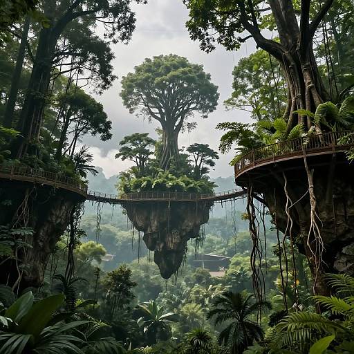 Fantastical photograph of lush, verdant jungle with two floating treehouse platforms connected by a narrow, suspended bridge, surrounded by dense, towering trees