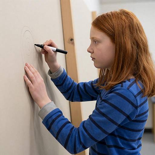 Focused Girl Drawing on Beige Wall