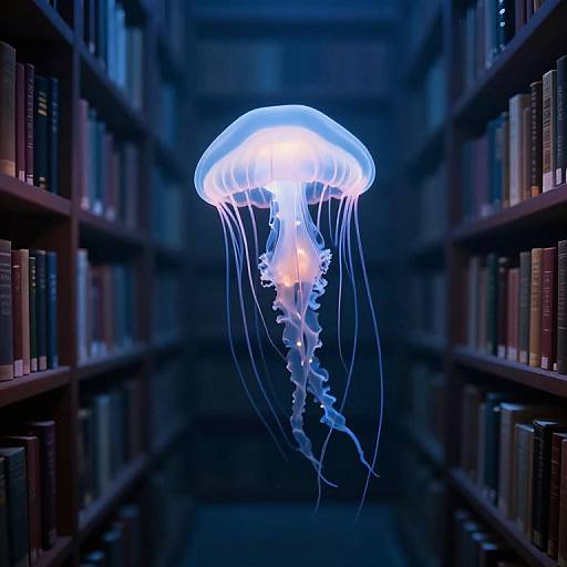 Photograph of a glowing blue jellyfish floating in the center of a dark, narrow library aisle with bookshelves on either side.