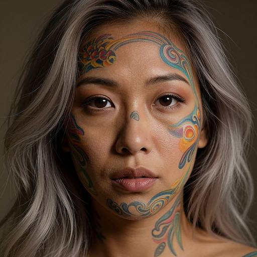 Photograph of a young woman with silver-gray hair, Asian descent, wearing colorful, intricate face tattoos featuring swirls and floral patterns, against a dark