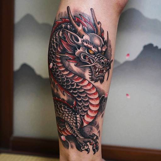 Photograph of a detailed, colorful dragon tattoo on a human leg, featuring black, red, and gray scales, with sharp claws and fierce eyes,
