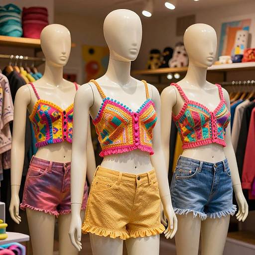 Photograph of three faceless mannequins wearing colorful, crochet crop tops and frayed denim or cotton shorts, in a brightly lit clothing store