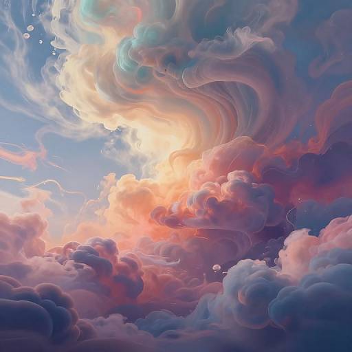 Digital artwork of swirling, vibrant clouds in pink, purple, and blue hues, with a bright sun shining through the center.